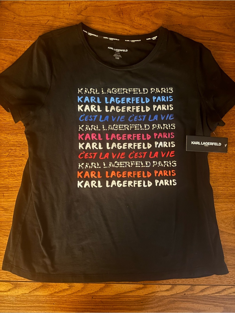 Karl Lagerfeld Paris Black Graphic Logo Tee - Multicolor Text - Picture 2 of 9